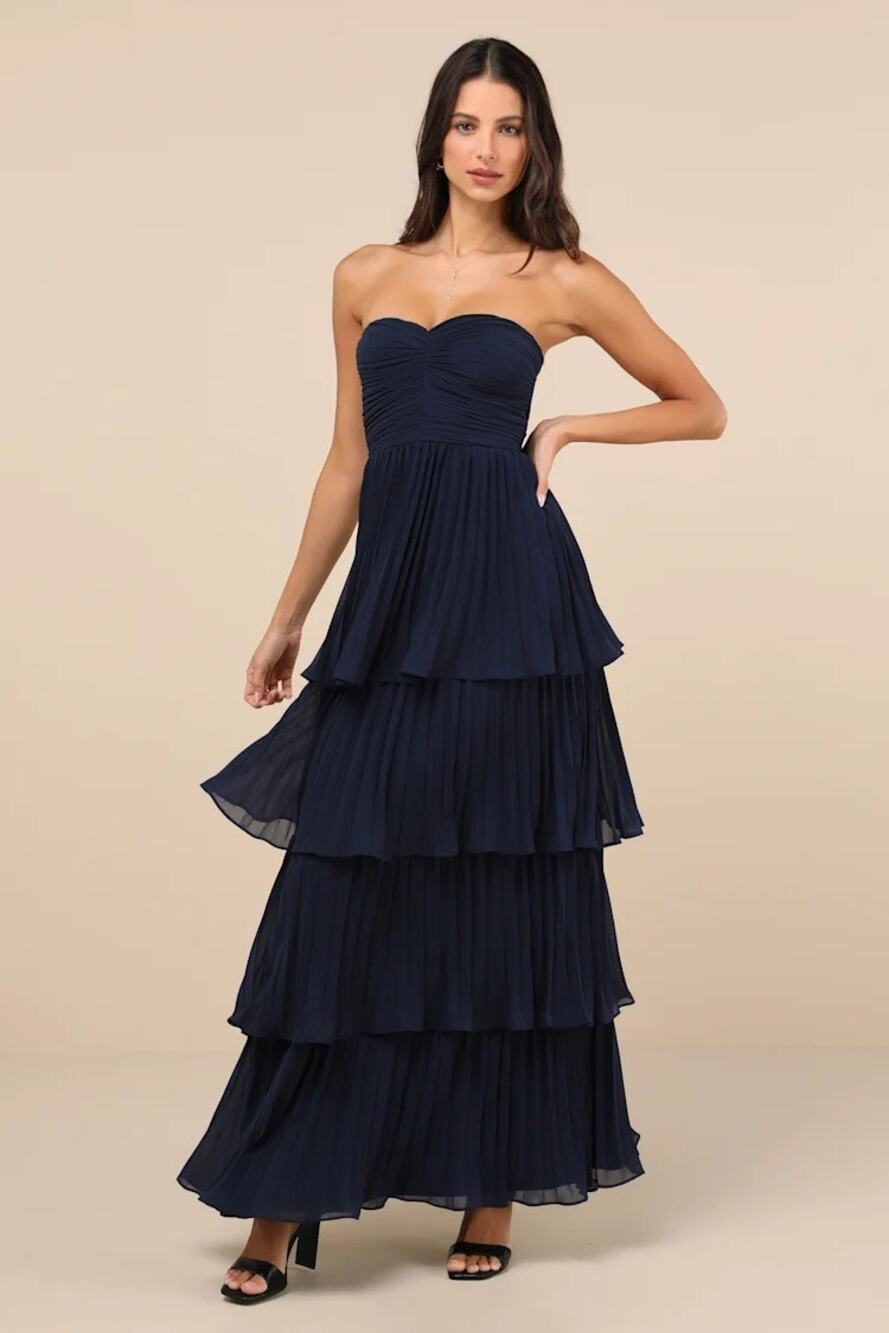 Lulus Seriously Sensational Navy Blue Strapless Tiered Maxi Dress Size Large